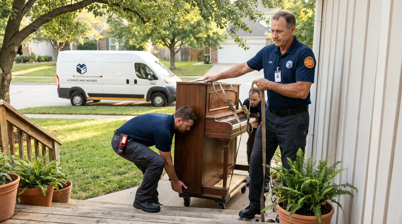 Licensed piano movers securing grand piano in Rincon, GA
