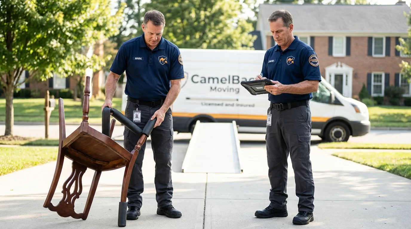 Movers inspecting furniture for damage prevention before loading in Rincon, GA