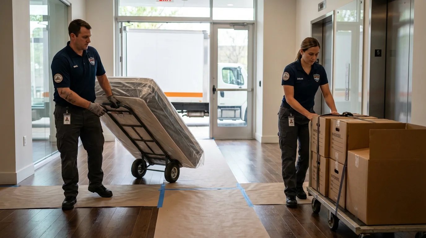 Professional apartment movers loading elevator in Rincon, GA